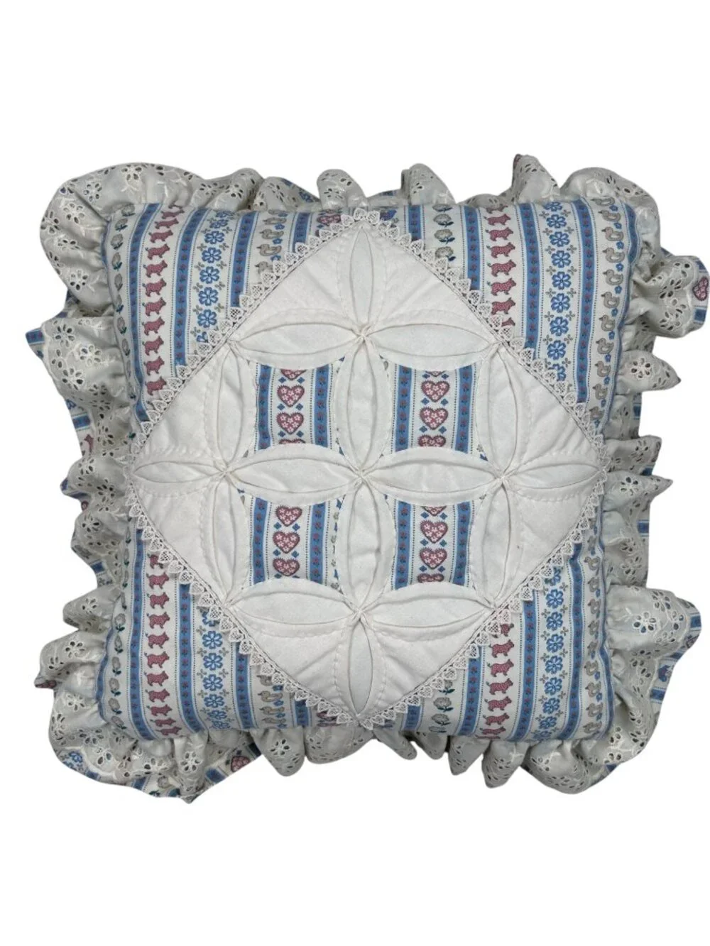Vtg Quilted Throw Pillow Cottage Ruffle Pig Ducks Floral Country